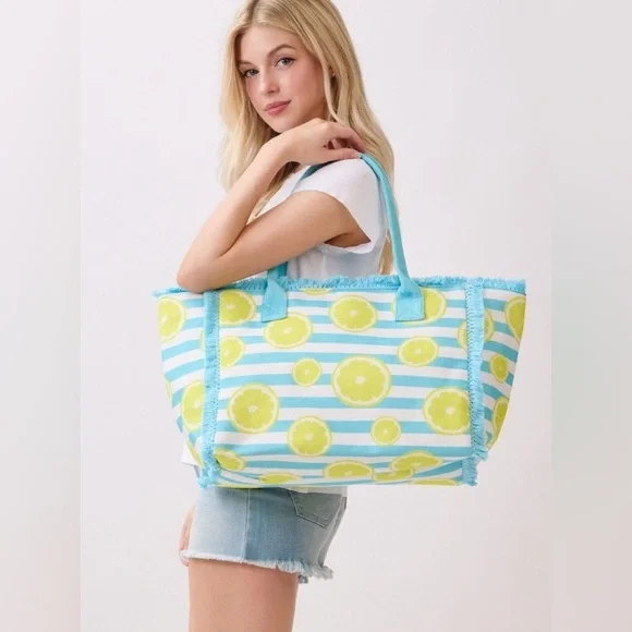 Sliced Lemon Striped Tote Bag|Blue+Yellow - Picture 3 of 5